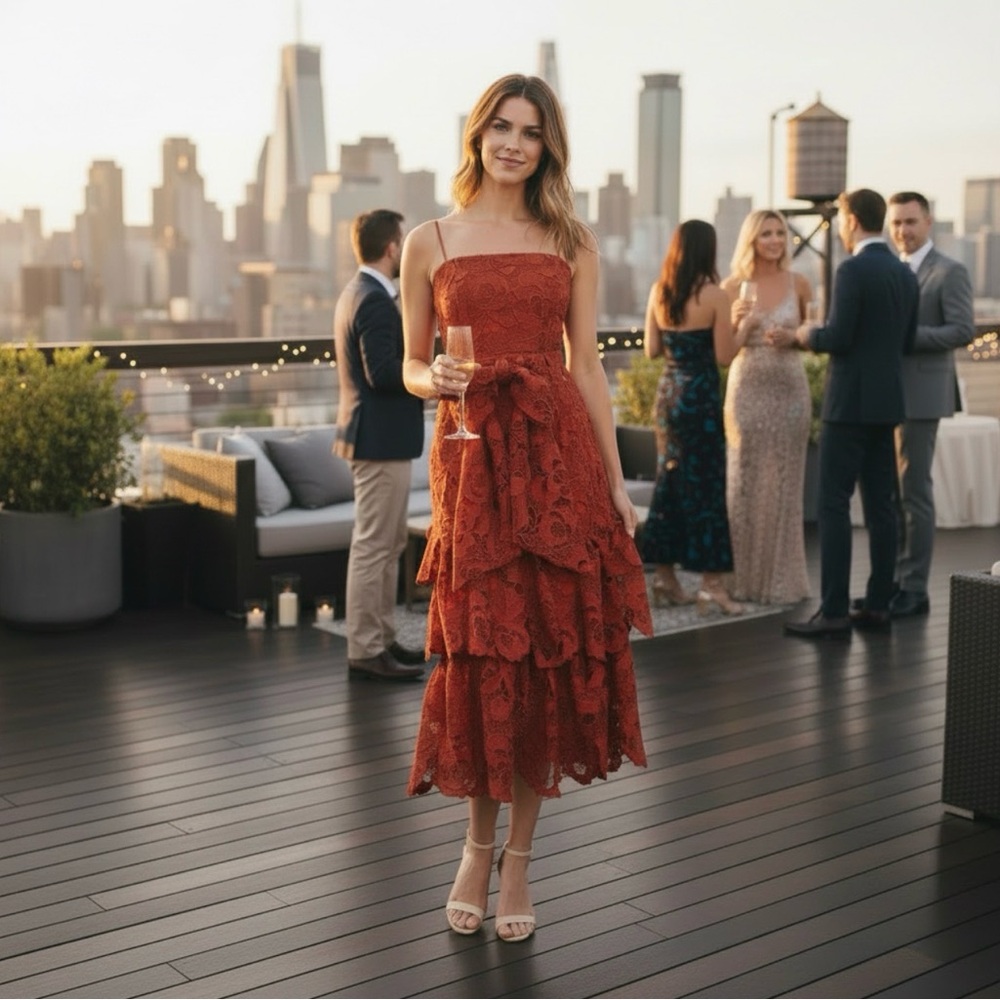 Mestiza New York VANESSA Belted Tiered Guipure Lace Midi Dress